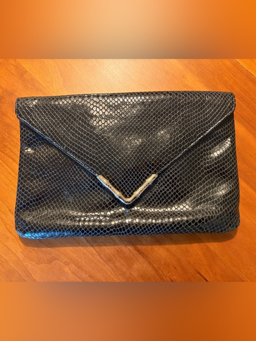 Elaine Turner Black Faux Snakeskin Envelope Clutch with Gold V Accent
